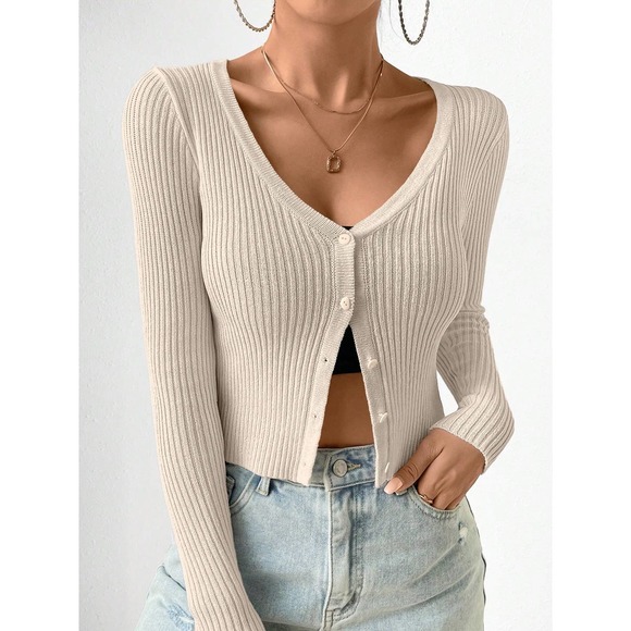 minimalist Ribbed Knit Button down Cropped Cardigan sweater black - Picture 10 of 11